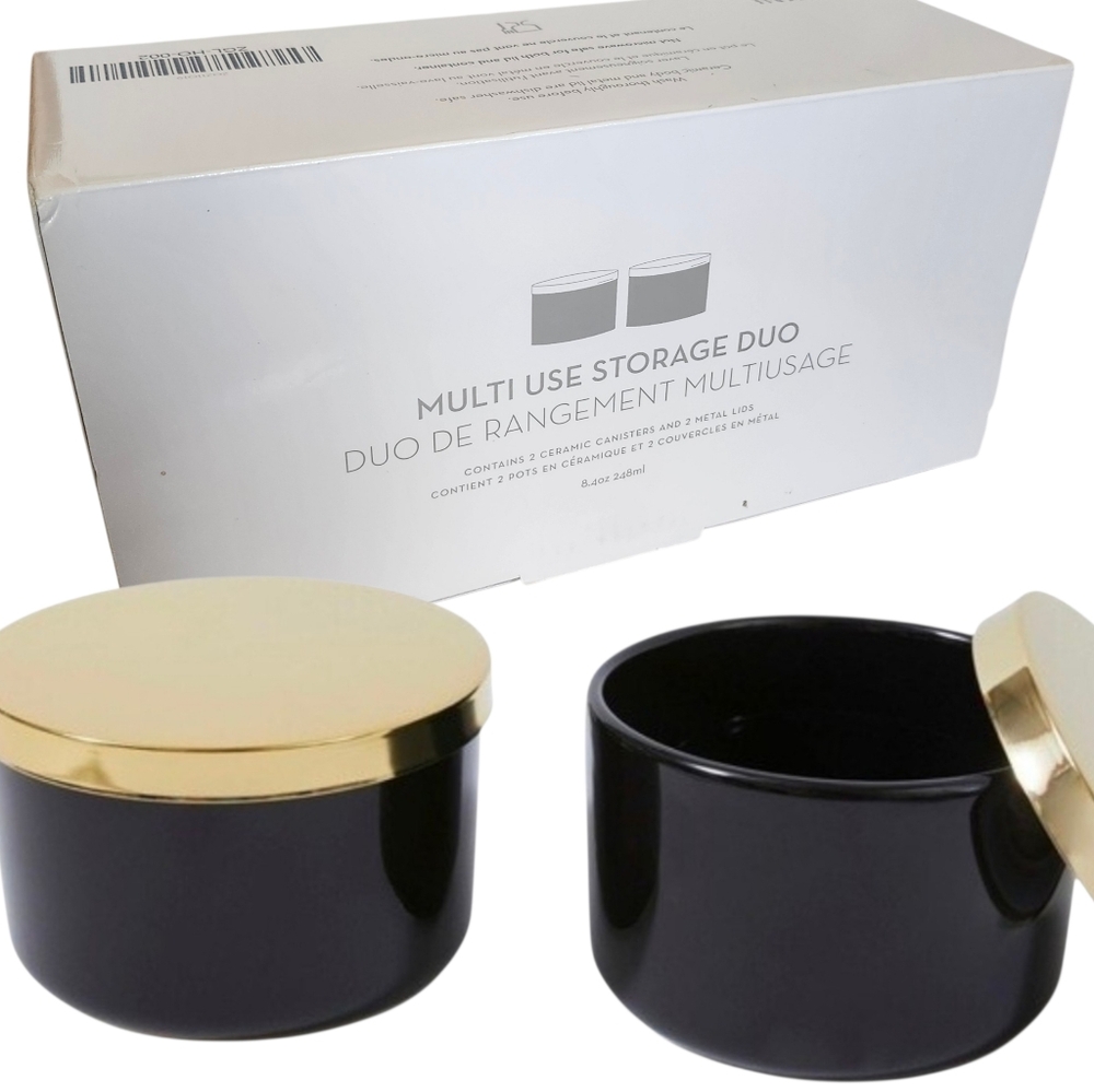 Z Gallerie Multi Use Storage Duo‎ Ceramic Canisters with Gold Metal Lids NIB